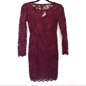 Maroon 3/4 Sleeve Lace Bodycon Mini Dress